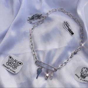 Safety Pin x3 charm initial link chain necklace